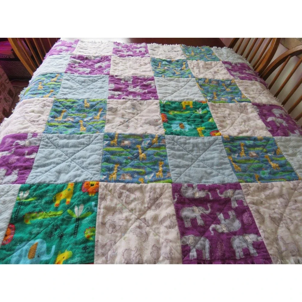 Flannel Rag Quilt With Batting 43 x 43,  Elephants, Zebras, and Jungle Animals